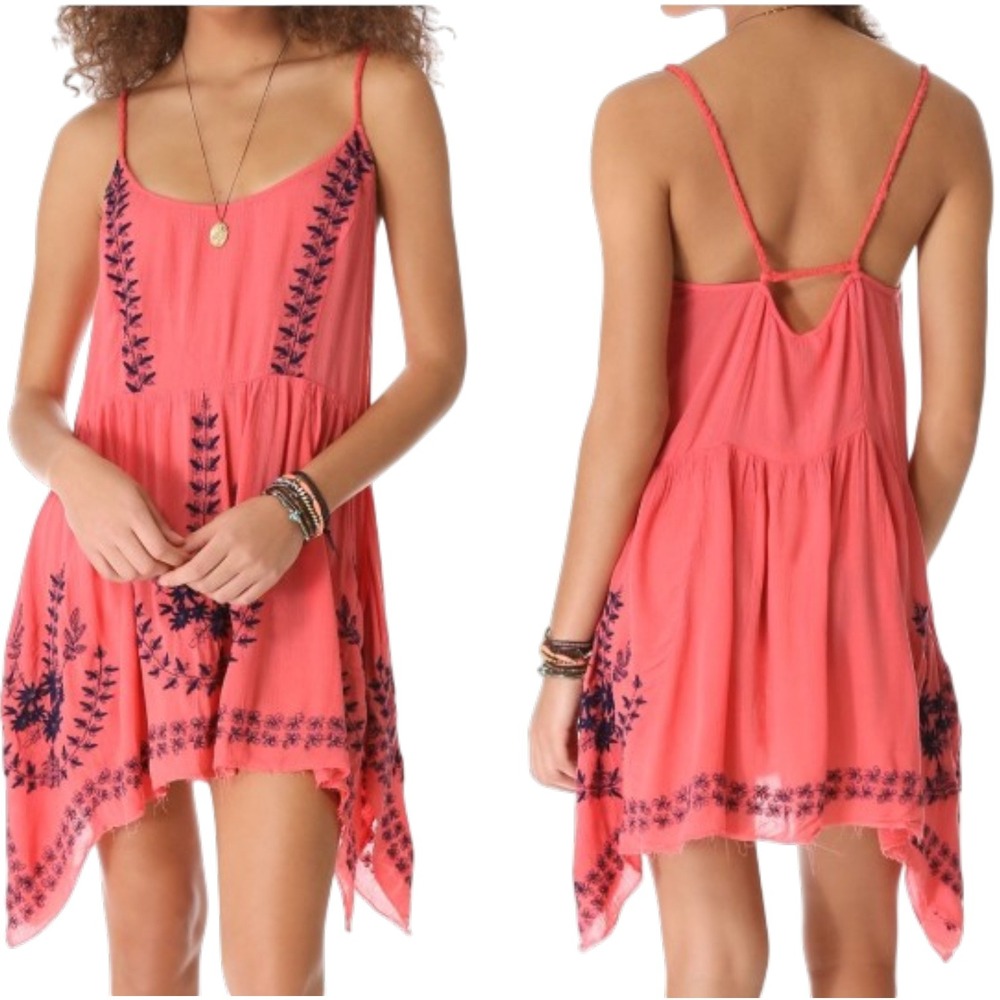 Free People FP Meadows of Medallion Embroidered Dress XS Coral Pink Navy